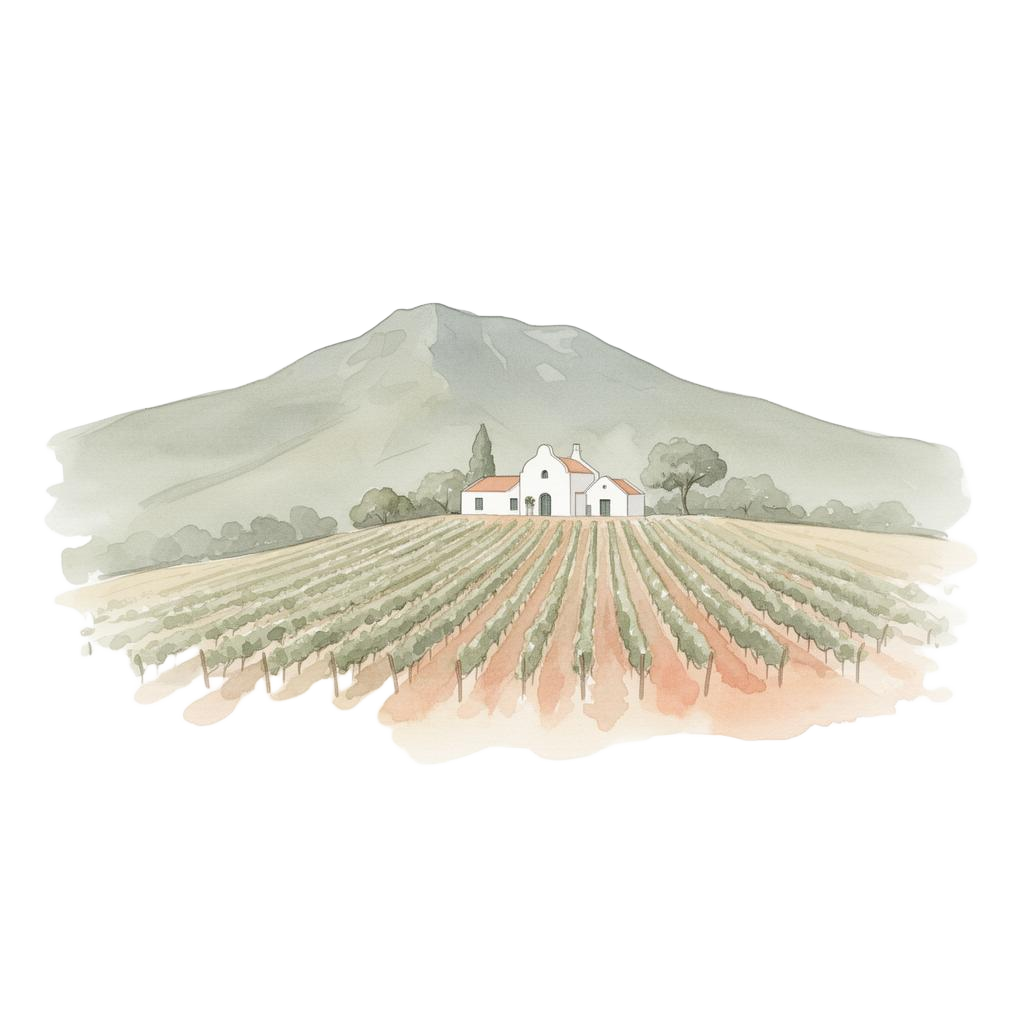 Watercolour illustration of Franschhoek village