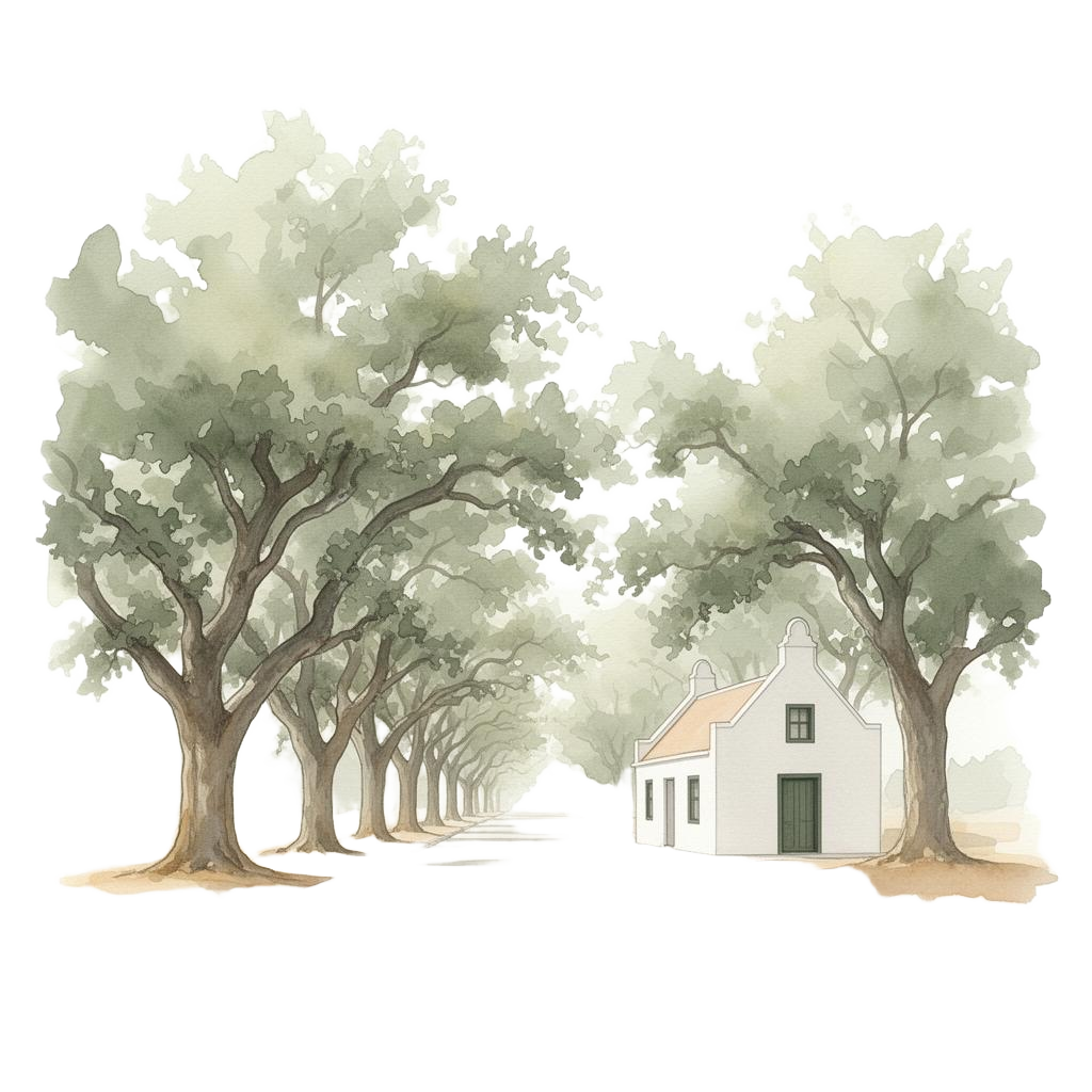 Watercolour illustration of Stellenbosch oak avenue